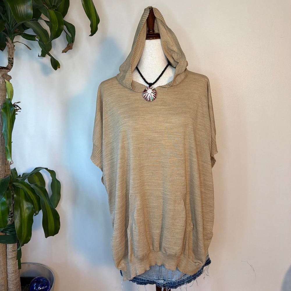 Loft Tan Slouchy Hooded Short Sleeve Top Boho Festival Oversized XS/S